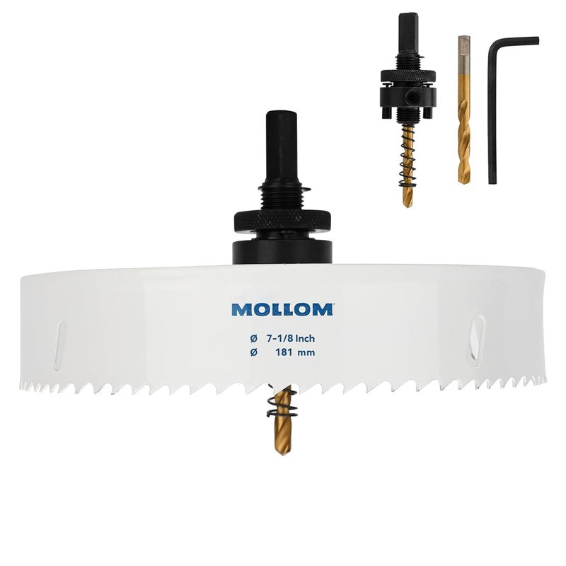 Mollom (181mm | 7-1/8") HSS M42 with 8% Cobalt BI-Metal Hole Saw with 2 Pilot Drill Bits & Arbor Smooth Cutting for PVC,Drywall,Wood,Plastic,Gypsum Board,Rubber - Image 1